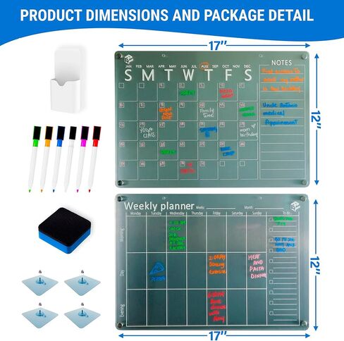 تقويم ثلاجة مغناطيسي مع مخططات لوح أكريليك شفافة شهرية وأسبوعية مقاس 17 بوصة × 12 بوصة للجدار والتركيب المغناطيسي، يتضمن 6 علامات مغناطيسية وممحاة in Kuwait
