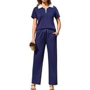 difficort Womens 2 Piece Lounge Sets Short Sleeve Summer Outfits Color Block Tracksuit with Pockets in Kuwait