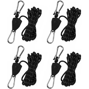 4 Pack Adjustable Rope Ratchet Pulley with Carabiners, Heavy Duty Tie Down Straps for Secure Camping, Kayak, Tents and Tarps (1/4" Rope Diameter, 16’ Length, Black)​ in Kuwait