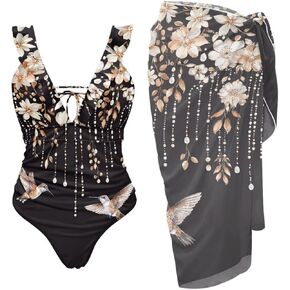 Womens One Piece Swimsuit with Cover Up Sarong Wrap Skirt Tummy Control Bikini Set Ruffled Bathing Suit Plus Size in Kuwait