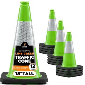 مخروط مرور أخضر ليموني مقاس 18 بوصة - طوق عاكس مقاس 6 بوصات - 12 حزمة - مخروط أمان PVC ممتاز لوقوف السيارات، والحذر، والبناء، وأطقم الطرق، ومركبات الطوارئ - متوافق مع MUTCD - سلامة Xpose in Kuwait