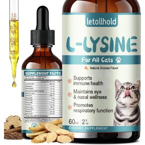 Lysine for Cats - L-Lysine Liquid Drops for Cat & Kittens, 60ML Lysine Supplement for Immune Support, Reduces Sneezing/Runny Nose, Supports Respiratory, Eye & Nasal Health, Easy-to-Feed, 2 Fl Oz in Kuwait