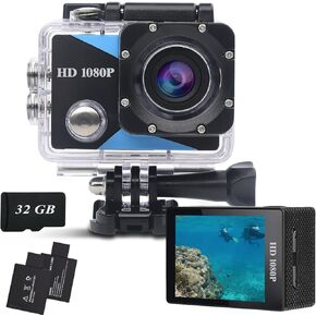 كاميرا أكشن بزاوية واسعة 1080 بيكسل رياضية وبطاقة ذاكرة 32 جيجابايت وكاميرا أكشن بطول 131 قدم مقاومة للماء تحت الماء مع بطاريتين × مع مجموعة ملحقات مناسبة للخوذة والدراجة وما إلى ذلك. in Kuwait