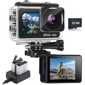 كاميرا أكشن فل اتش دي 1080 بيكسل 16 ميجابكسل مع بطاقة ذاكرة 32 جيجابايت - كاميرا رياضية مزدوجة الشاشة مقاومة للماء بطول 131 قدم/40 متر، بطاريات 2X ومجموعة ملحقات متعددة الوظائف للخوذة والدراجة in Kuwait