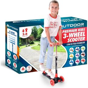 Outdoor Cruiser 3-Wheel Kids Scooter – with Lean-to-Steer Technology, Led Lighted Wheel, 4-Level Adjustable Height T-bar Handle, Support Kids Up to 150 Lbs, for Boys & Girls Ages 3-8, Blue and Red in Kuwait