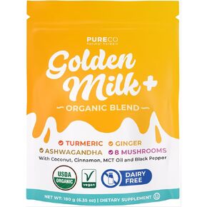 مزيج عضوي من مسحوق الحليب الذهبي - لاتيه الكركم المتكيف مع الزنجبيل وأشواغاندا ومركب الفطر من أجل حيوية الاسترخاء أثناء النوم ودعم المناعة - نباتي غير معدّل وراثيًا وخالي من الحشو (60 حصة) in Kuwait