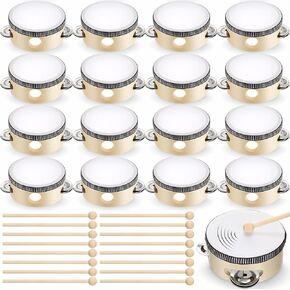 32 قطعة من الدف مقاس 10.16 سم مع أعواد الطبل، طبلة خشبية محمولة باليد مع جلجل معدني، آلة موسيقية قرعية لحفلات الزفاف في الكنيسة، هدية موسيقية تعليمية للحفلات in Kuwait