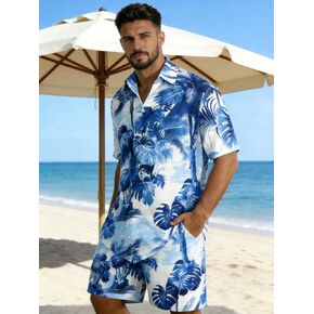 Men's Hawaiian Set, Blue Palm Tree 2 Piece Outfits, Button Down Shirts and Shorts, Beach Hawaiian Sets in Saudi Arabia