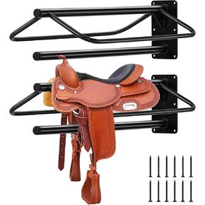 4 قطع من رف السرج المثبت على الحائط، حامل سرج فولاذي عالي التحمل مع أذرع مبطنة مزدوجة للسروج الإنجليزية والغربية، مساحة تخزين لبطانيات الخيول، اللجام، الحظيرة، المماطلة - أسود in Kuwait