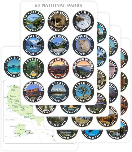Collection 2.5 X 2.5 Stickers Set 63 National Parks USA Complete Collection Round Stickers. Map of US National Parks. in Kuwait