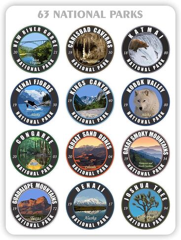 Collection 2.5 X 2.5 Stickers Set 63 National Parks USA Complete Collection Round Stickers. Map of US National Parks. in Kuwait