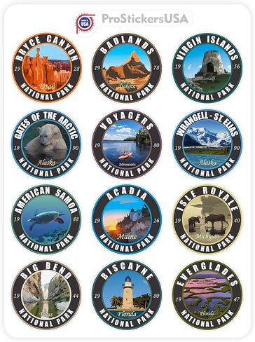 Collection 2.5 X 2.5 Stickers Set 63 National Parks USA Complete Collection Round Stickers. Map of US National Parks. in Kuwait