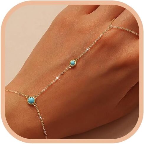 SUYACS 14K Gold Plated Birthstone Hand Chains Bracelet for Women Dainty Red Cubic Zirconia Turquoise Stone Finger Ring Slave Bracelet Jewelry Birthday Valentines Day Gifts for Mom Friends in Kuwait
