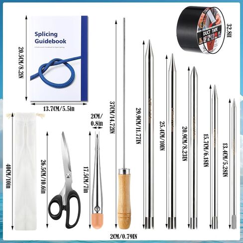 12 Pcs Rope Splicing Tool Kit with Guide Book Stainless Steel FID 1/4" 5/16" 3/8" 7/16" 1/2" Line Braiding Set with Marlin Spike Scissors Tape for Sailing Boating Camping Outdoor Rope Work in Saudi Arabia