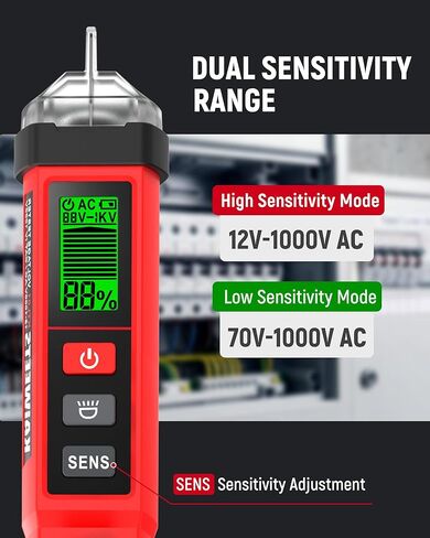 KAIWEETS Non-Contact Voltage Tester Pen, Dual Range AC 12V/70V-1000V Electrical Tester with LCD Display, CAT IV 1000V, Signal Percentage, Buzzer Alarm, Live Wire Detector and Breakpoint Finder in Kuwait