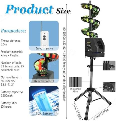 Cordless Control Tennis Ball Machine,Tennis Ball Tosser w/Triangular Base, 33 Ball, 60-103cm Height Adjustable for Self-Play Ball Launcher Beginners in Kuwait