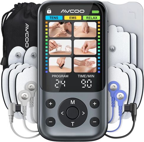 AVCOO 3-in-1 TENS Unit Muscle Stimulator with 24 Modes, 30 Intensities EMS Massage Machine for Shoulder, Back Pain Relief Therapy, Dual-Channel Electronic Pulse Massager with Type-C Port, 10 Pads in Kuwait