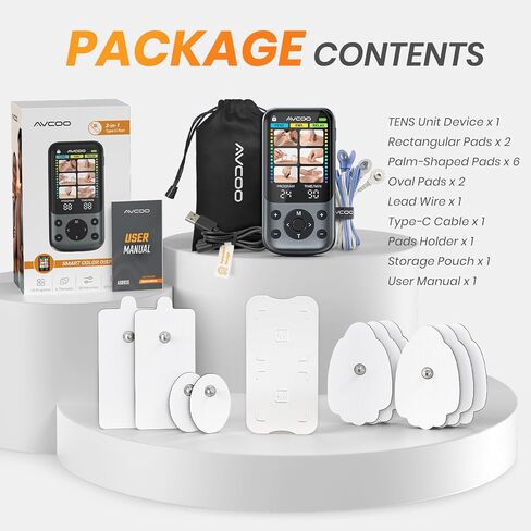 AVCOO 3-in-1 TENS Unit Muscle Stimulator with 24 Modes, 30 Intensities EMS Massage Machine for Shoulder, Back Pain Relief Therapy, Dual-Channel Electronic Pulse Massager with Type-C Port, 10 Pads in Kuwait