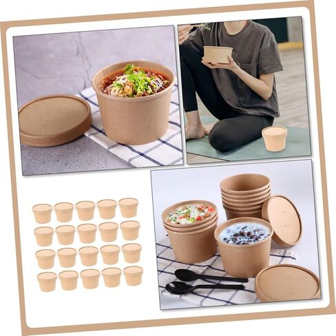 STOBAZA Disposable Ice Cream Bowls with Lids, 8oz Kraft Paper Soup Cups, Thickened Food Storage Containers for Homemade Ice Cream and Desserts, 50pcs for Takeout and Party Use in Saudi Arabia