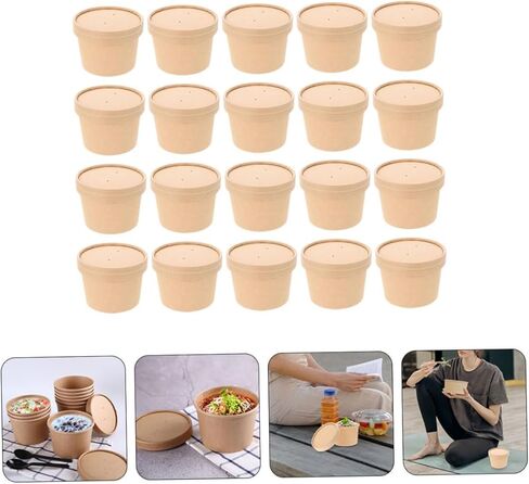STOBAZA Disposable Ice Cream Bowls with Lids, 8oz Kraft Paper Soup Cups, Thickened Food Storage Containers for Homemade Ice Cream and Desserts, 50pcs for Takeout and Party Use in Saudi Arabia