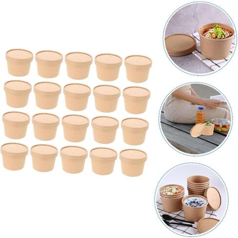 STOBAZA Disposable Ice Cream Bowls with Lids, 8oz Kraft Paper Soup Cups, Thickened Food Storage Containers for Homemade Ice Cream and Desserts, 50pcs for Takeout and Party Use in Saudi Arabia