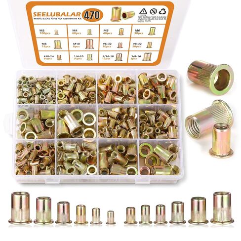 470Pcs SAE & Metric Rivet Nuts Assortment Kit, Zinc Plated Finish Carbon Steel Rivnut, Galvanized Carbon Steel Flat Head Threaded Rivets, #6-32#8-32#10-24 1/4"-20 5/16"-18 3/8"-16 M3 M4 M5 M6 M8 M10 in Kuwait