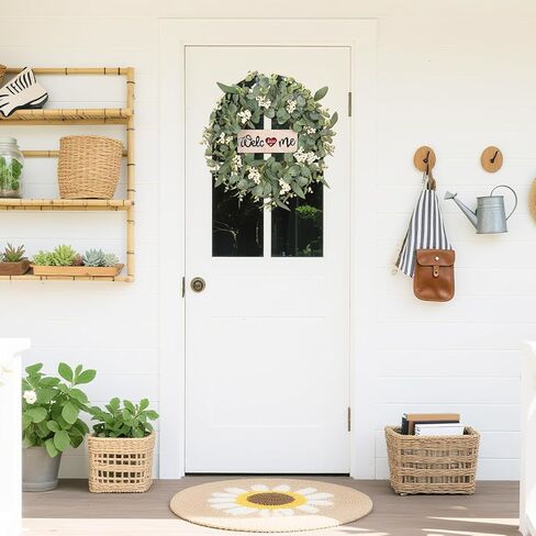 أكاليل Sy Super Bang للباب الأمامي ، زهور إكليل من الأوكالبتوس الأخضر الاصطناعي مع علامة ترحيب موسمية قابلة للتبديل ، لشرفة منزل المزرعة الربيع الصيفي الصيفي في الهواء الطلق in Kuwait