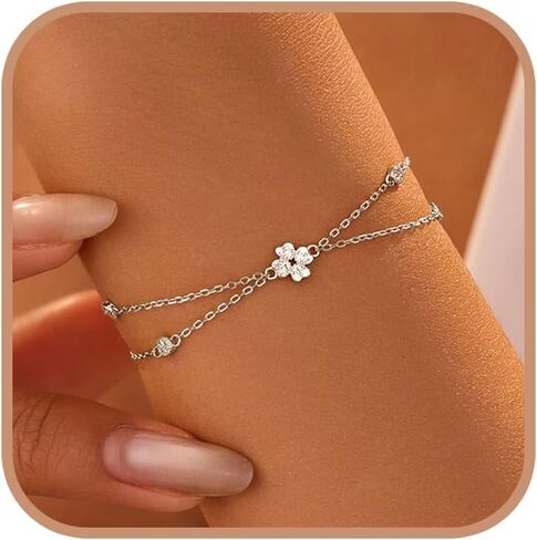 Dainty Layer Lucky Leaf Chain Bracelet for Women 925 Sterling Silver 14K Gold Plated CZs Bracelet to Daughter Flower Five Leaf Link Stackable Bracelets Trendy Jewelry for Wife Girlfriend in Saudi Arabia