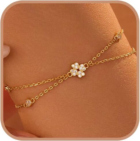 Dainty Layer Lucky Leaf Chain Bracelet for Women 925 Sterling Silver 14K Gold Plated CZs Bracelet to Daughter Flower Five Leaf Link Stackable Bracelets Trendy Jewelry for Wife Girlfriend in Kuwait