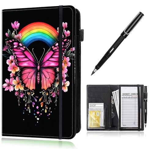 Leather Server Books for Waitress with Zipper, Large Capacity Organized with 7 Pockets Fit Waitress Server Apron, Waitress Accessories Check Presenters for Restaurant,Skull Red Roses and Butterfly in Kuwait