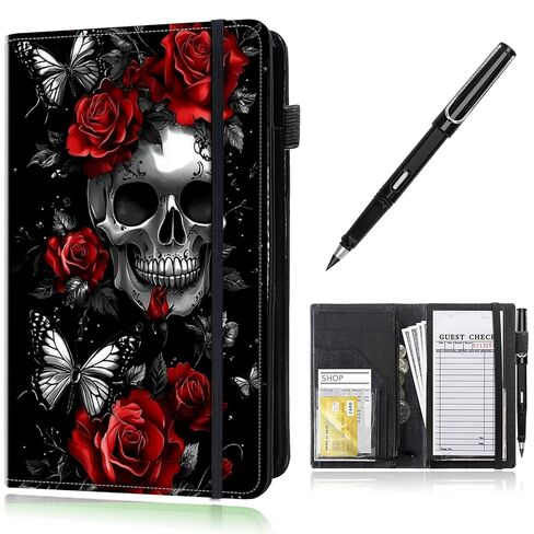 Leather Server Books for Waitress with Zipper, Large Capacity Organized with 7 Pockets Fit Waitress Server Apron, Waitress Accessories Check Presenters for Restaurant,Skull Red Roses and Butterfly in Saudi Arabia