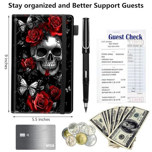 Leather Server Books for Waitress with Zipper, Large Capacity Organized with 7 Pockets Fit Waitress Server Apron, Waitress Accessories Check Presenters for Restaurant,Skull Red Roses and Butterfly in Saudi Arabia