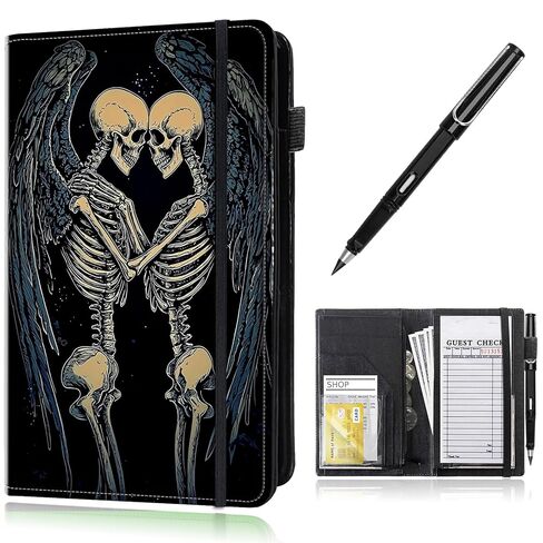 Leather Server Books for Waitress with Zipper, Large Capacity Organized with 7 Pockets Fit Waitress Server Apron, Waitress Accessories Check Presenters for Restaurant,Skull Red Roses and Butterfly in Saudi Arabia