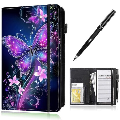 Leather Server Books for Waitress with Zipper, Large Capacity Organized with 7 Pockets Fit Waitress Server Apron, Waitress Accessories Check Presenters for Restaurant,Skull Red Roses and Butterfly in Saudi Arabia