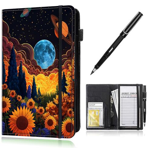 Leather Server Books for Waitress with Zipper, Large Capacity Organized with 7 Pockets Fit Waitress Server Apron, Waitress Accessories Check Presenters for Restaurant,Skull Red Roses and Butterfly in Saudi Arabia