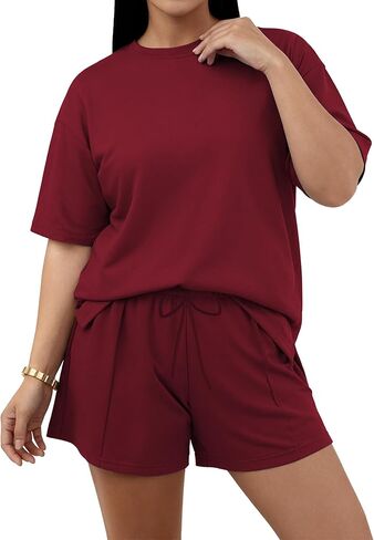 TOPSRANI Plus Size Women 2 Piece Outfits Lounge Loose Short Sleeve Sweatsuits Tracksuit Casual Shorts Set with Pockets in Saudi Arabia