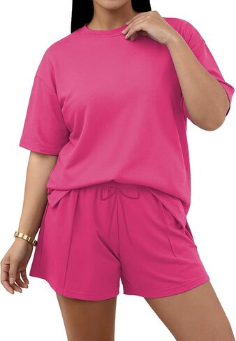 TOPSRANI Plus Size Women 2 Piece Outfits Lounge Loose Short Sleeve Sweatsuits Tracksuit Casual Shorts Set with Pockets in Kuwait