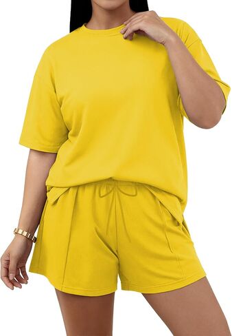 TOPSRANI Plus Size Women 2 Piece Outfits Lounge Loose Short Sleeve Sweatsuits Tracksuit Casual Shorts Set with Pockets in Saudi Arabia