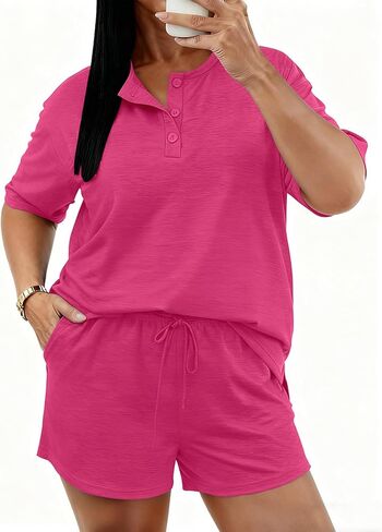 TOPSRANI Plus Size Women 2 Piece Outfits Lounge Loose Short Sleeve Sweatsuits Tracksuit Casual Shorts Set with Pockets in Saudi Arabia