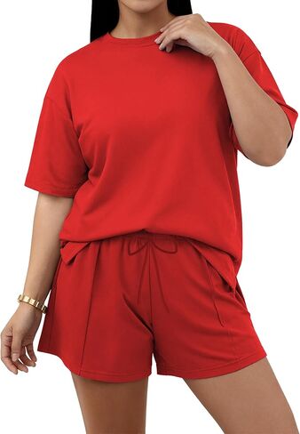 TOPSRANI Plus Size Women 2 Piece Outfits Lounge Loose Short Sleeve Sweatsuits Tracksuit Casual Shorts Set with Pockets in Saudi Arabia