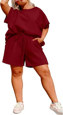 TOPSRANI Plus Size Women 2 Piece Outfits Lounge Loose Short Sleeve Sweatsuits Tracksuit Casual Shorts Set with Pockets in Saudi Arabia