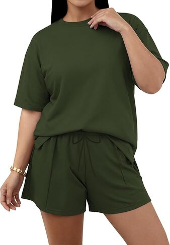 TOPSRANI Plus Size Women 2 Piece Outfits Lounge Loose Short Sleeve Sweatsuits Tracksuit Casual Shorts Set with Pockets in Saudi Arabia