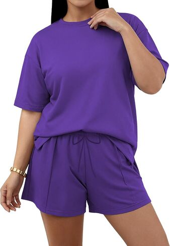 TOPSRANI Plus Size Women 2 Piece Outfits Lounge Loose Short Sleeve Sweatsuits Tracksuit Casual Shorts Set with Pockets in Saudi Arabia