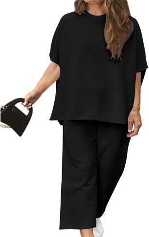 TOPSRANI Womens Plus Size Casual Lounge Sweatsuits Short Sleeve Tracksuit 2 Piece Outfits Baggy Wide Leg Crop Pants Sets in Kuwait