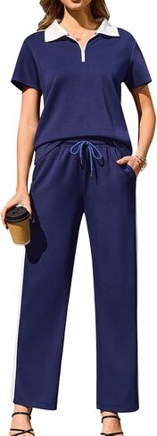 difficort Womens 2 Piece Lounge Sets Short Sleeve Summer Outfits Color Block Tracksuit with Pockets in Kuwait