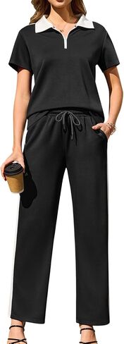difficort Womens 2 Piece Lounge Sets Short Sleeve Summer Outfits Color Block Tracksuit with Pockets in Saudi Arabia