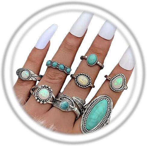 حلقة بوهيمية الفيروز مجموعة للنساء ، حلقات غربية خمر مكتنزة الفيروز أوبال حلقة مفصل قابلة للتكديس in Kuwait