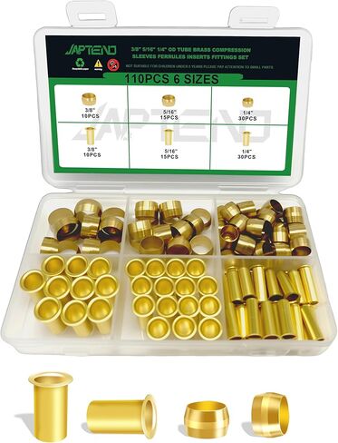 110pcs Brass Compression Sleeves Ferrules Inserts Fittings Assortment Kit, 3/8" 5/16" 1/4" 3 Sizes Air Hose Ferrules Kit of Air Water Fuel Oil Gas Tube Lines in Kuwait