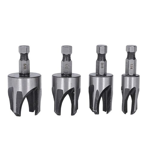 Tapered Plug Cutter Set, 4 Piece Hex Shank Claw Type Imperial Taper Cutting Tool for Woodworking Projects Carbon Steel Silver 1/4in 5/8in 3/8in 1/2in in Kuwait