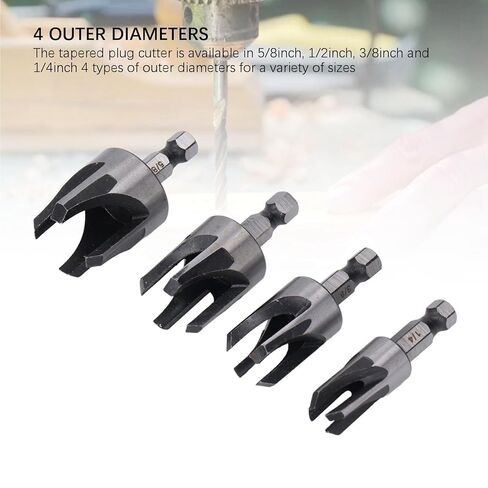 Tapered Plug Cutter Set, 4 Piece Hex Shank Claw Type Imperial Taper Cutting Tool for Woodworking Projects Carbon Steel Silver 1/4in 5/8in 3/8in 1/2in in Kuwait